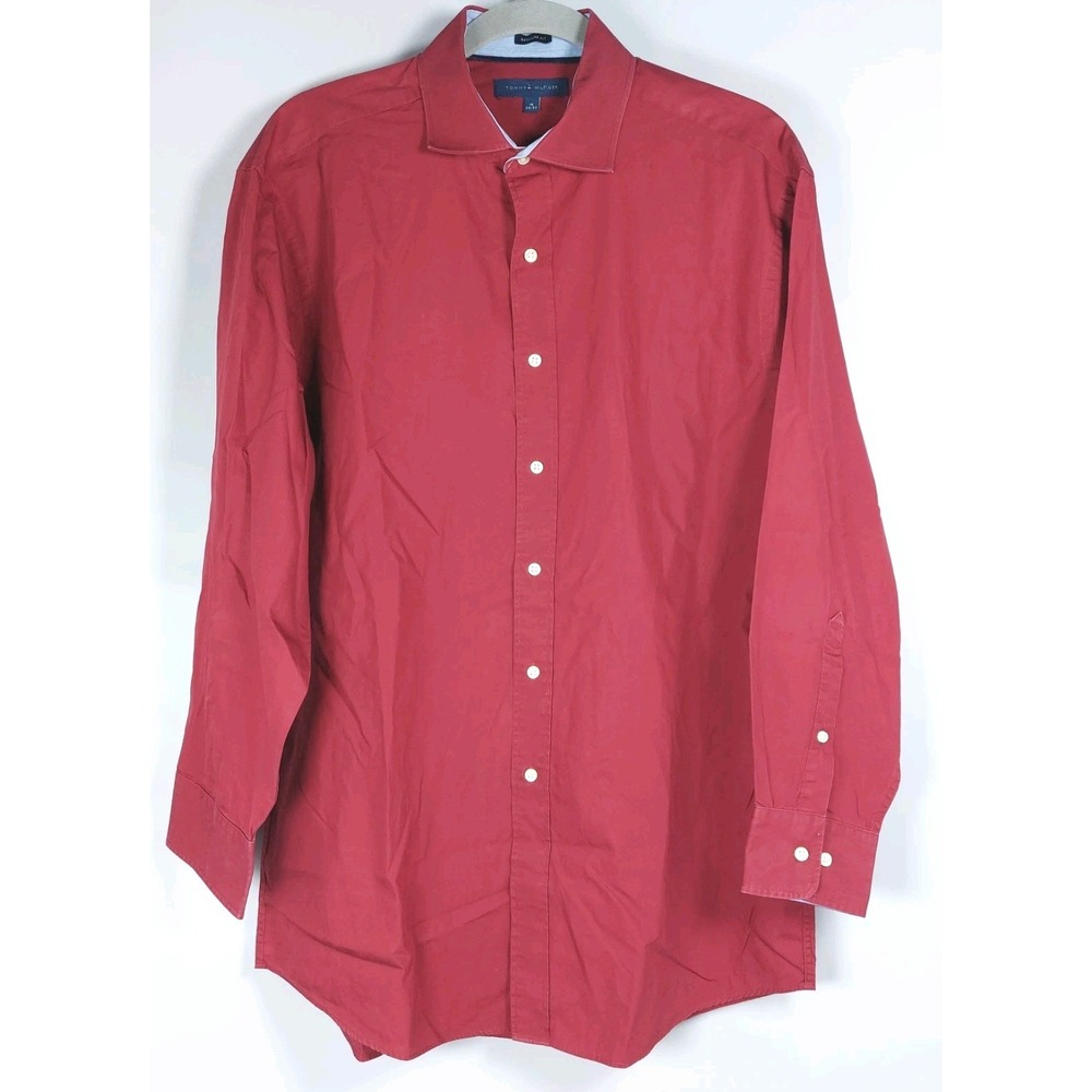 Tommy Hilfiger Regular Fit Shirt Mens 16 32/33 Cotton Burgundy L/S Button‎ Up